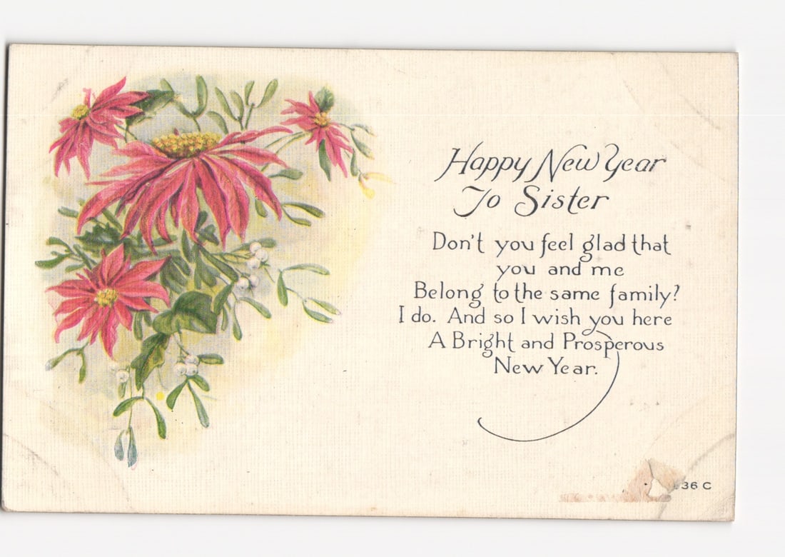 New Year Floral Chromolithograph postcard with Poinsettias and Sentiments for Sister: Please review the photos carefully for additional condition details. Note that scans may appear slightly darker or lighter than the item's true appearance, and minor scanning artifacts may be visible.
