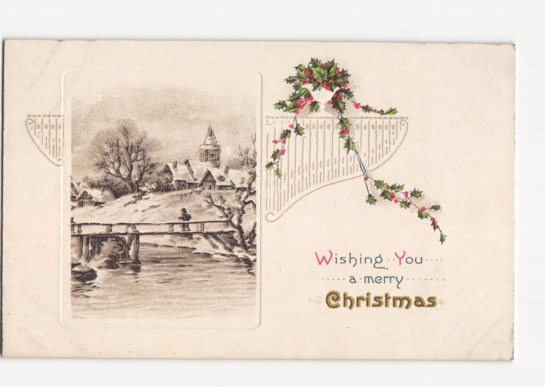 Christmas Greeting postcard with Winter Village Scene, Bridge, Holly and Berries, Printed in Germany: Please review the photos carefully for additional condition details. Note that scans may appear slightly darker or lighter than the item's true appearance, and minor scanning artifacts may be visible.