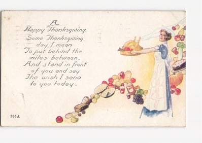 Greenport, NY 1920 Thanksgiving Postcard Featuring Woman, Turkey, Food, and Poem
