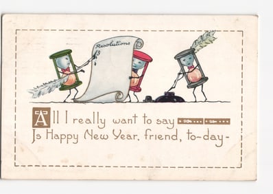 Anthropomorphic Hourglasses Writing New Year's Resolutions, Chromolithograph postcard, 1908