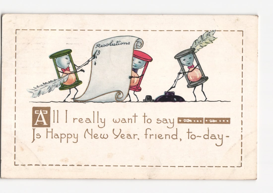Anthropomorphic Hourglasses Writing New Year's Resolutions, Chromolithograph postcard, 1908 (1 of 2)