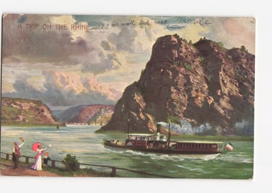 Scenic Rhine River steamboat journey with waving figures, early 20th century postcard