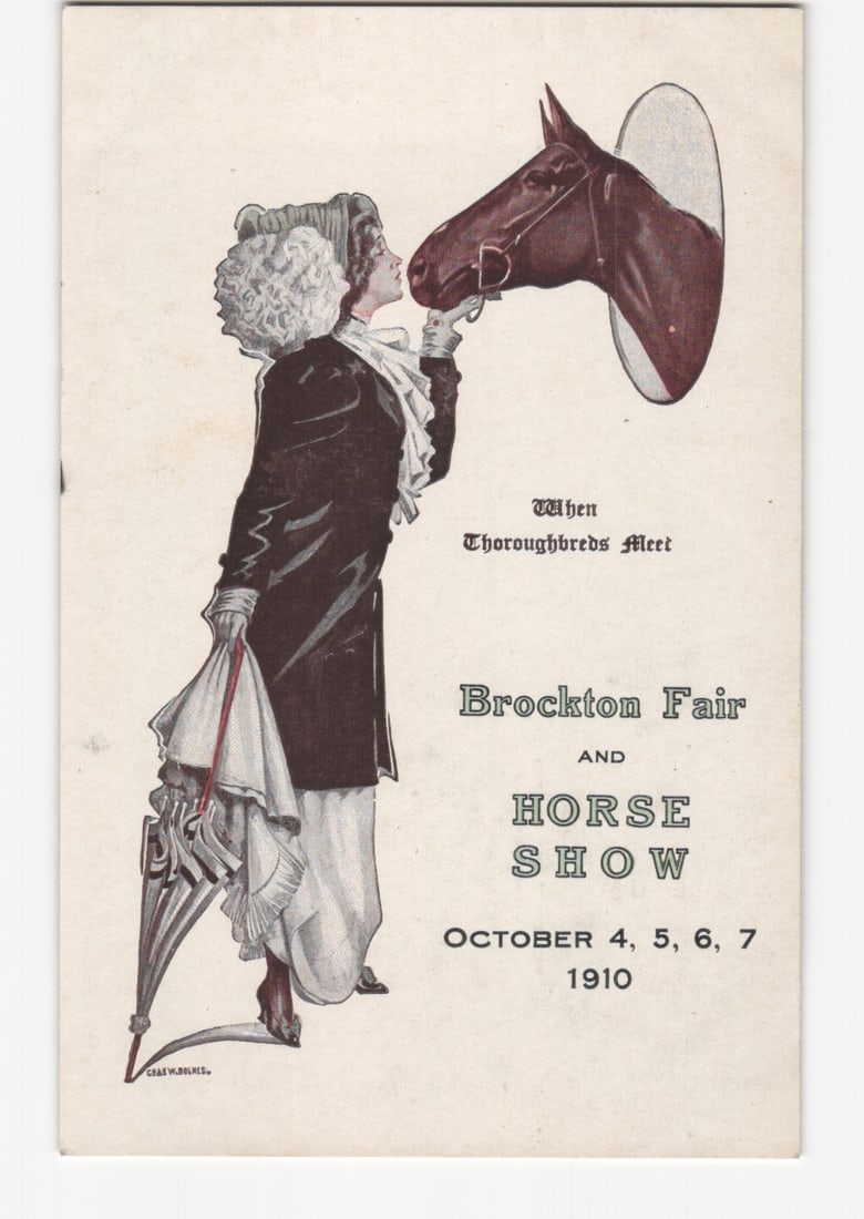 Illustrated postcard: Woman Kisses Horse Head at Brockton Fair & Horse Show, October 4-7, 1910 (1 of 2)