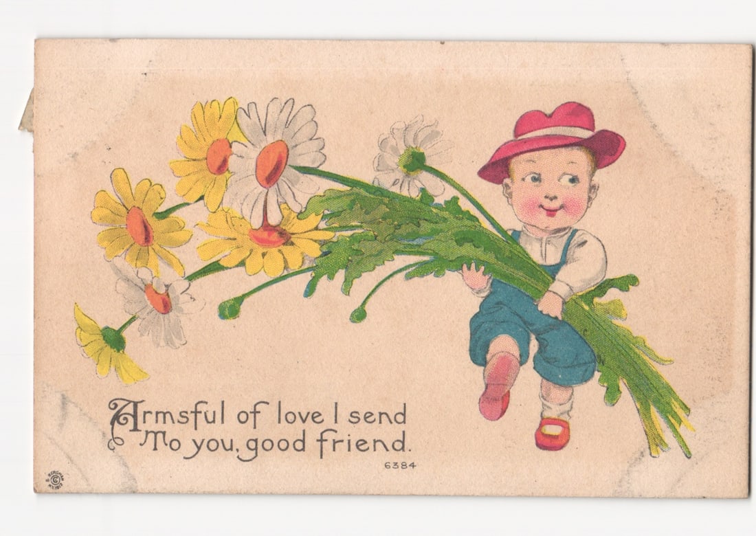 Vintage Chromolithograph Postcard of Baby Character with Flowers, Orient, New York Postmark: Please review the photos carefully for additional condition details. Note that scans may appear slightly darker or lighter than the item's true appearance, and minor scanning artifacts may be visible.