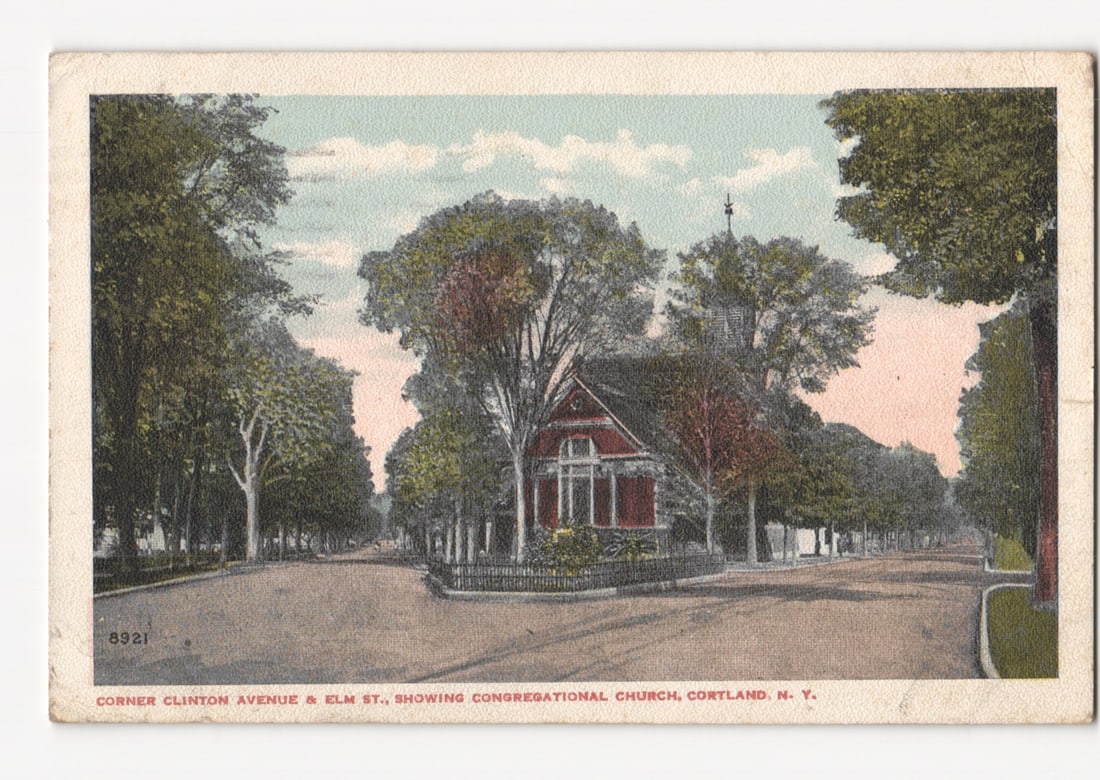 Congregational Church at Clinton Avenue & Elm Street, Cortland, NY, 1920s postcard: Please review the photos carefully for additional condition details. Note that scans may appear slightly darker or lighter than the item's true appearance, and minor scanning artifacts may be visible.