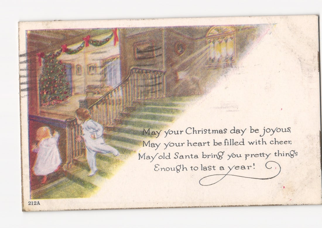 Vivid Chromolithograph Postcard of Children on a Staircase with a Christmas Tree, 1920s: Please review the photos carefully for additional condition details. Note that scans may appear slightly darker or lighter than the item's true appearance, and minor scanning artifacts may be visible.
