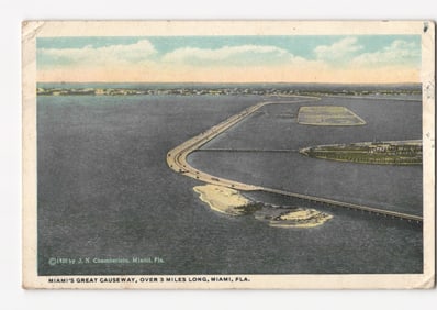 Scenic aerial view postcard of Miami's Great Causeway, over 3 miles long, dated 1920