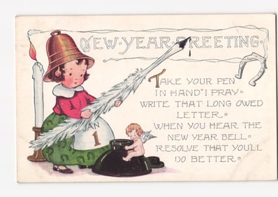 New Year Greeting postcard with girl, quill pen, cherub, and January 1 calendar art