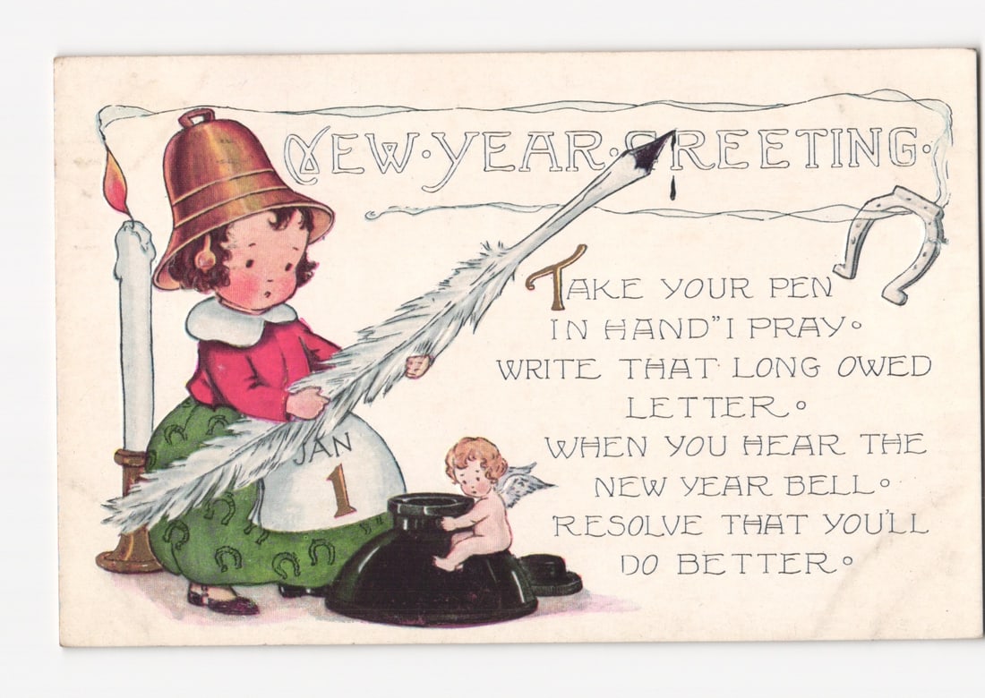 New Year Greeting postcard with girl, quill pen, cherub, and January 1 calendar art: Please review the photos carefully for additional condition details. Note that scans may appear slightly darker or lighter than the item's true appearance, and minor scanning artifacts may be visible.