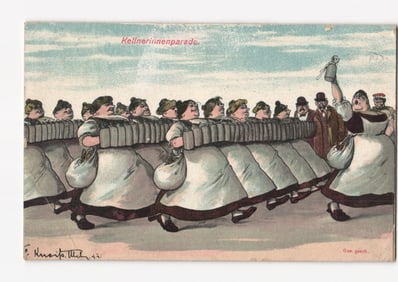 Munich Waitress Parade (Kellnerinnenparade) Humorous Early 20th Century Lithograph Postcard