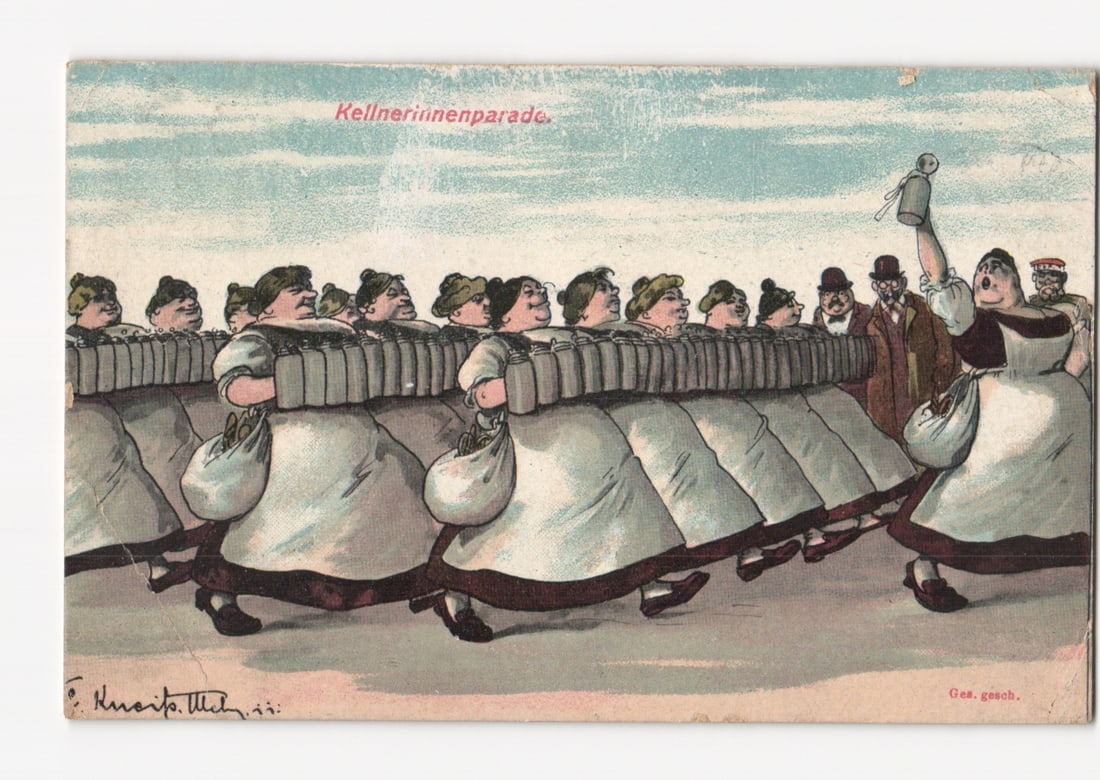 Munich Waitress Parade (Kellnerinnenparade) Humorous Early 20th Century Lithograph Postcard (1 of 2)