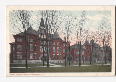 Historic chromolithograph postcard of the State Normal School building in Cortland, N.Y., circa