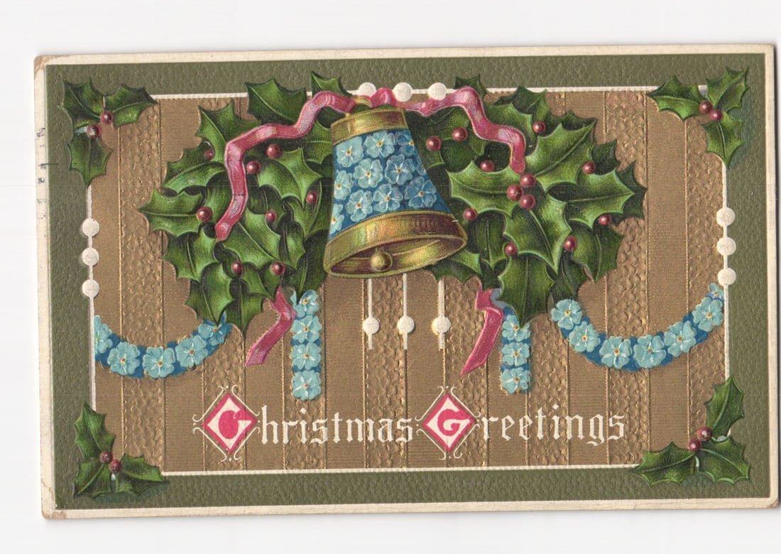 Christmas Bell and Holly Garland Holiday Greeting postcard, postmarked Poughkeepsie 1909.: Please review the photos carefully for additional condition details. Note that scans may appear slightly darker or lighter than the item's true appearance, and minor scanning artifacts may be visible.