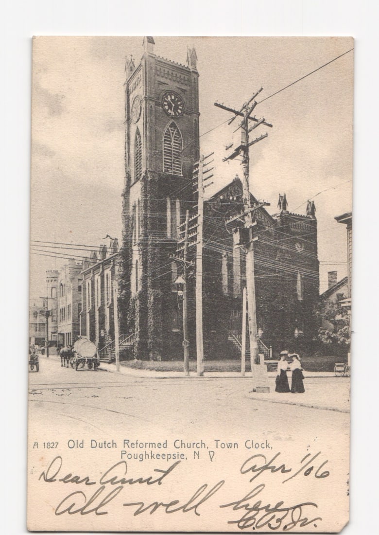 Vintage postcard depicting the Old Dutch Reformed Church and Town Clock, Poughkeepsie, N.Y., circa: Please review the photos carefully for additional condition details. Note that scans may appear slightly darker or lighter than the item's true appearance, and minor scanning artifacts may be visible.