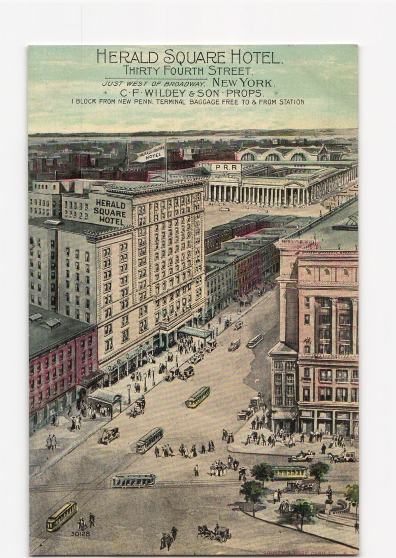 Herald Square Hotel at 34th Street and Broadway, New York City, early 20th century postcard.: Please review the photos carefully for additional condition details. Note that scans may appear slightly darker or lighter than the item's true appearance, and minor scanning artifacts may be visible.