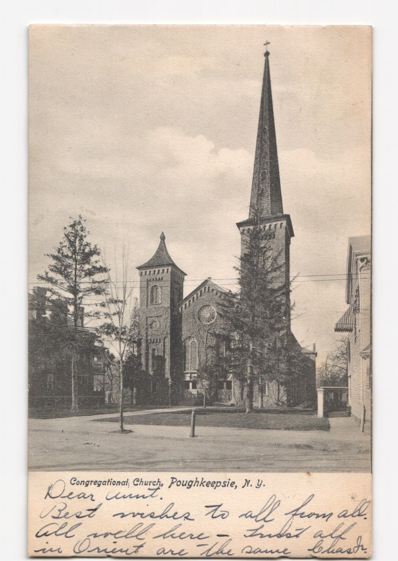 Congregational Church, Poughkeepsie, New York, Dated 1908 Photographic Print Postcard: Please review the photos carefully for additional condition details. Note that scans may appear slightly darker or lighter than the item's true appearance, and minor scanning artifacts may be visible.