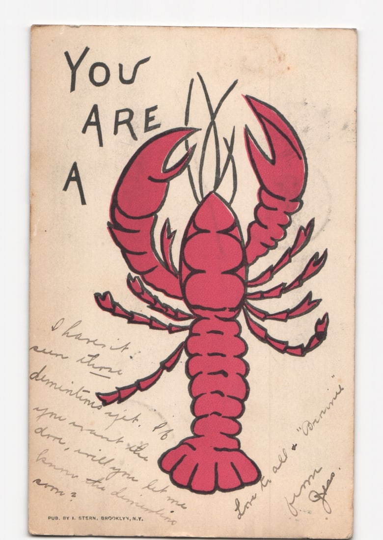 Humorous Red Lobster Illustration Postcard, Brooklyn, New York Publisher, Postmarked 1905: Please review the photos carefully for additional condition details. Note that scans may appear slightly darker or lighter than the item's true appearance, and minor scanning artifacts may be visible.
