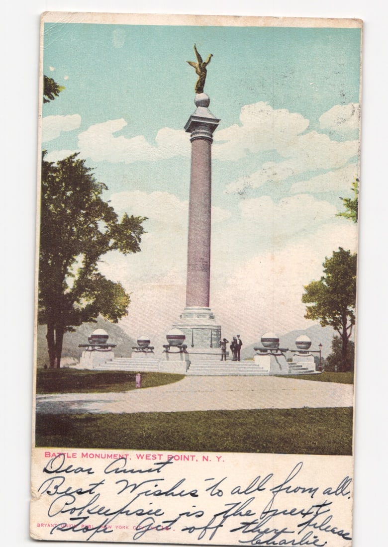 Colorized postcard of the towering Battle Monument, West Point, New York, postmarked 1906 (1 of 2)