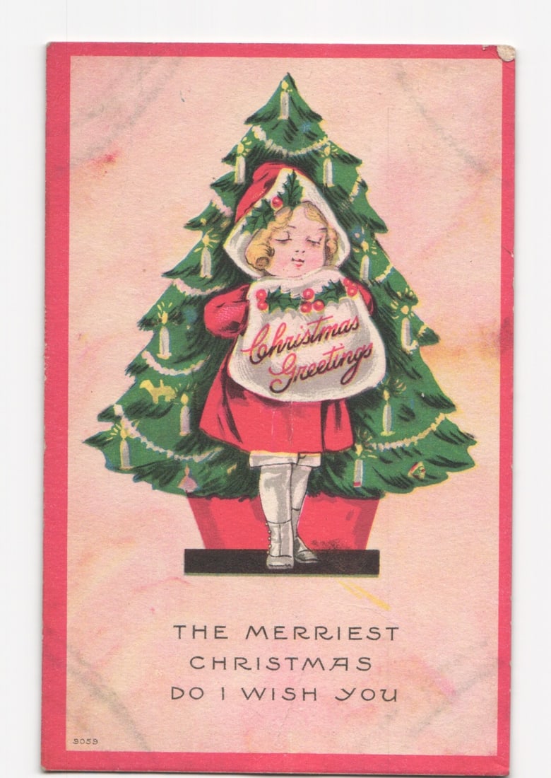Vintage Illustrated Christmas Postcard: Child, Tree, and 'Christmas Greetings' Apron, 1914 (1 of 2)