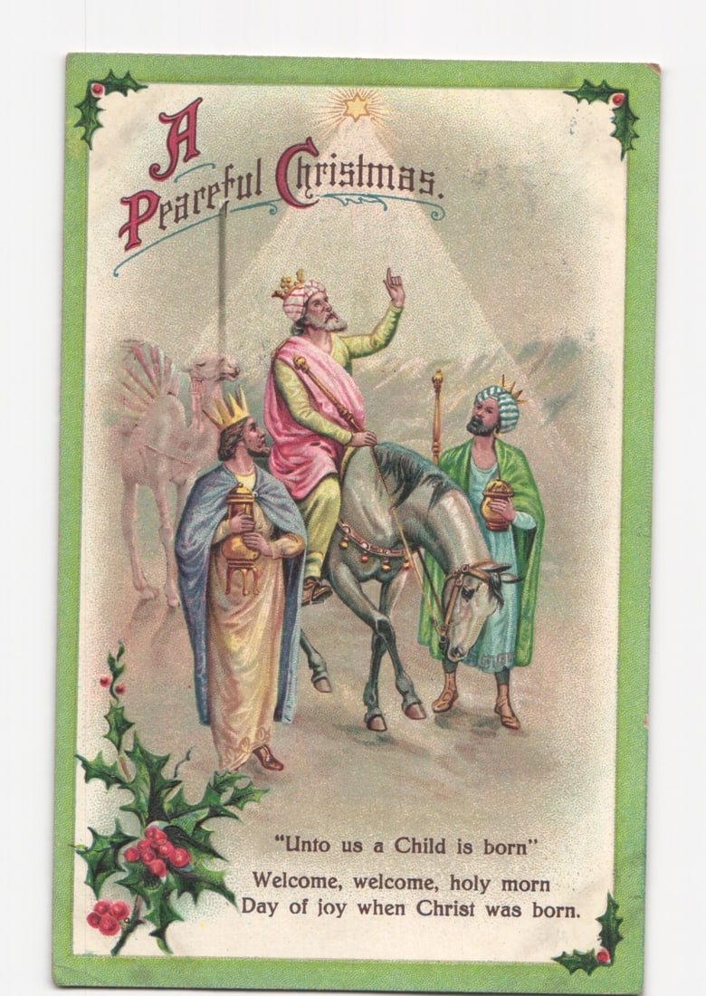 1913 Christmas Magi Nativity Scene with Holly Border Greeting Postcard from Orient, NY (1 of 2)