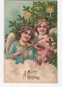 Two Angels Playing Violin by Candlelit Christmas Tree Chromolithograph Postcard, Circa 1904.