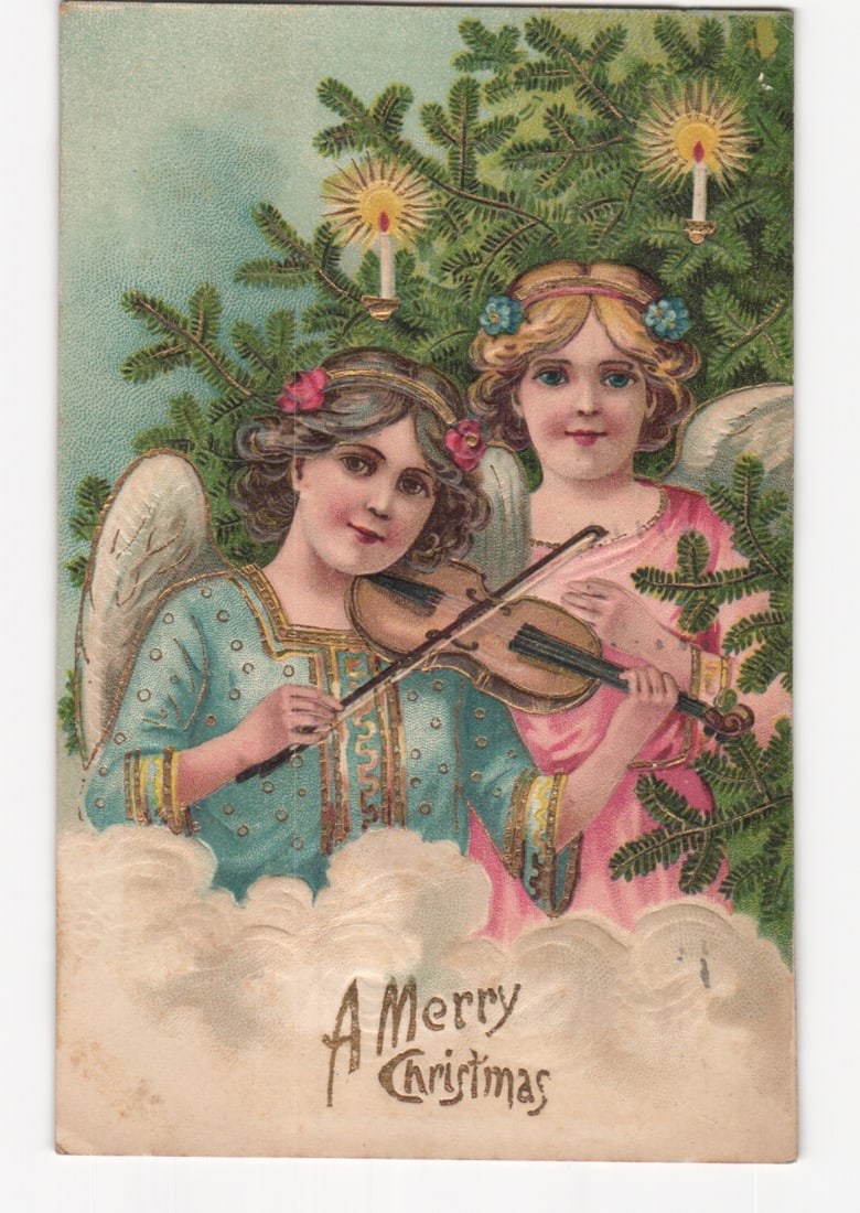 Two Angels Playing Violin by Candlelit Christmas Tree Chromolithograph Postcard, Circa 1904.: Please review the photos carefully for additional condition details. Note that scans may appear slightly darker or lighter than the item's true appearance, and minor scanning artifacts may be visible.