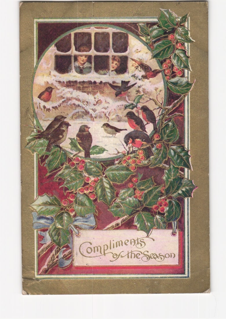 Winter Scene with Children and Birds, Holly Frame, 'Compliments of the Season' postcard, 1911: Please review the photos carefully for additional condition details. Note that scans may appear slightly darker or lighter than the item's true appearance, and minor scanning artifacts may be visible.