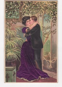 Romantic Chromolithograph Christmas postcard: Victorian Couple Kissing Under Mistletoe