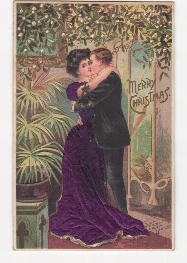 Romantic Chromolithograph Christmas postcard: Victorian Couple Kissing Under Mistletoe: Please review the photos carefully for additional condition details. Note that scans may appear slightly darker or lighter than the item's true appearance, and minor scanning artifacts may be visible.