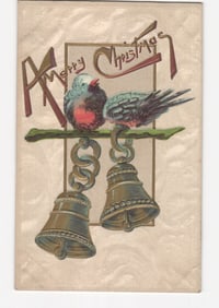 Festive chromolithograph postcard: two birds, hanging bells, and a 'Merry Christmas' greeting.