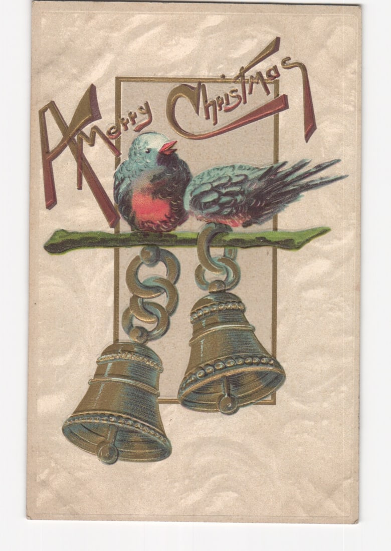 Festive chromolithograph postcard: two birds, hanging bells, and a 'Merry Christmas' greeting. (1 of 2)