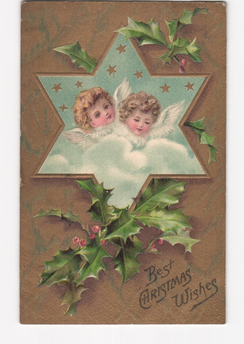 Christmas Angel Cherubs & Holly Star Design Holiday Postcard, Postmarked Poughkeepsie 1908: Please review the photos carefully for additional condition details. Note that scans may appear slightly darker or lighter than the item's true appearance, and minor scanning artifacts may be visible.