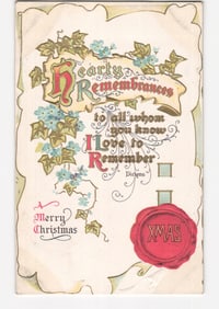 Hearty Remembrances Christmas Floral Design Chromolithograph Postcard, circa 1908