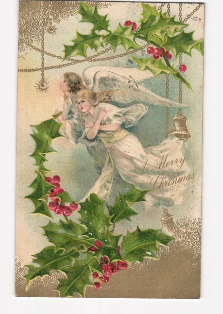 Chromolithograph postcard featuring two flying angels with holly and Christmas bell, Orient, NY,: Please review the photos carefully for additional condition details. Note that scans may appear slightly darker or lighter than the item's true appearance, and minor scanning artifacts may be visible.