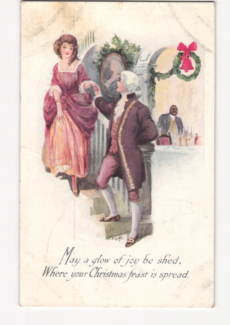 Elegant 18th-century couple on staircase in festive scene, Christmas holiday greeting postcard.: Please review the photos carefully for additional condition details. Note that scans may appear slightly darker or lighter than the item's true appearance, and minor scanning artifacts may be visible.