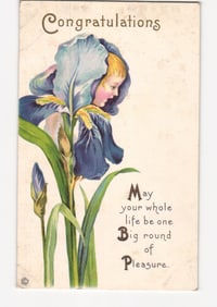 Illustrative postcard with child's face in large iris flower, bearing 'Congratulations' text.