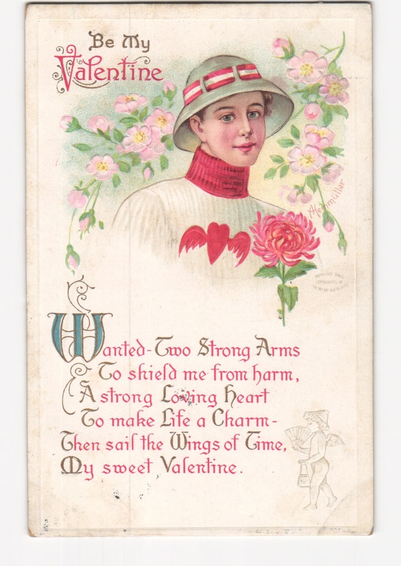 Valentine's Day postcard: Woman in hat with pink flowers, romantic poem, early 20th Century.: Please review the photos carefully for additional condition details. Note that scans may appear slightly darker or lighter than the item's true appearance, and minor scanning artifacts may be visible.