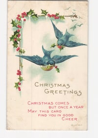 Christmas Greetings Postcard Featuring Two Bluebirds Flying with Holly and Berries, 1917