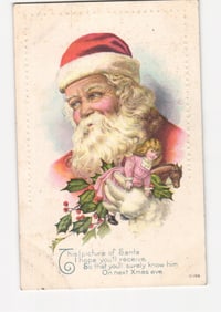 Chromolithograph Christmas postcard: Santa Claus portrait with girl, lamb, horse, and holly.