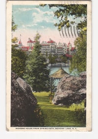 Mohonk House from Spring Path, Mohonk Lake, N.Y., a circa 1921 American scenic view postcard.