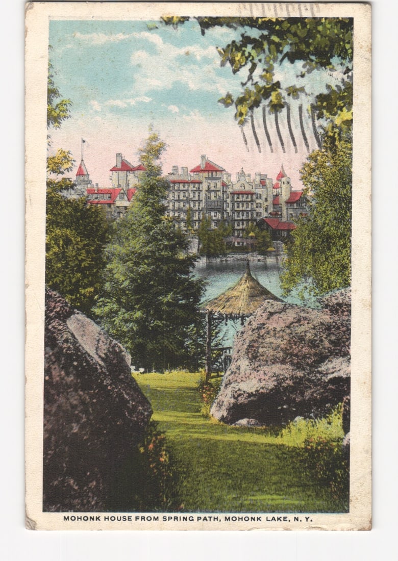 Mohonk House from Spring Path, Mohonk Lake, N.Y., a circa 1921 American scenic view postcard.: Please review the photos carefully for additional condition details. Note that scans may appear slightly darker or lighter than the item's true appearance, and minor scanning artifacts may be visible.