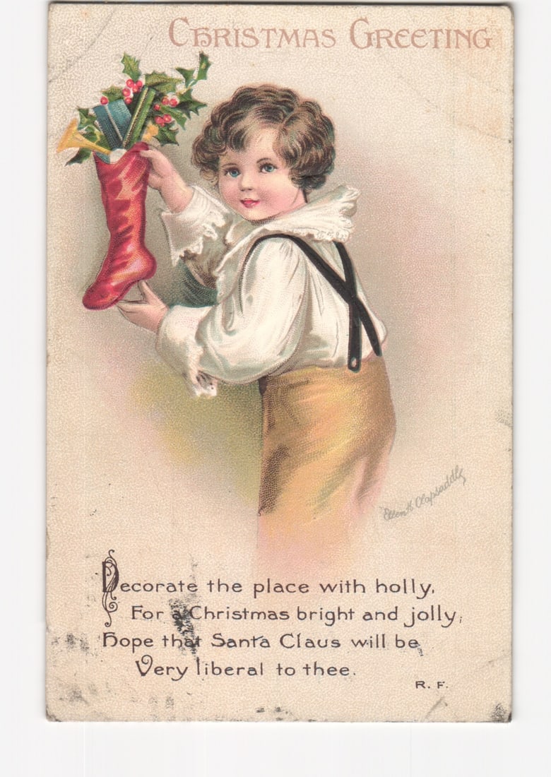 Chromolithograph postcard depicting a child holding a Christmas stocking, signed Clapsaddle, early (1 of 2)