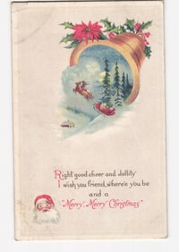 Early 20th Century Holiday Postcard with Christmas Bell, Santa's Sleigh, and Greetings.