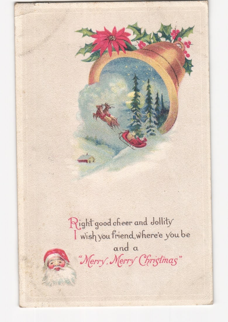 Early 20th Century Holiday Postcard with Christmas Bell, Santa's Sleigh, and Greetings.: Please review the photos carefully for additional condition details. Note that scans may appear slightly darker or lighter than the item's true appearance, and minor scanning artifacts may be visible.