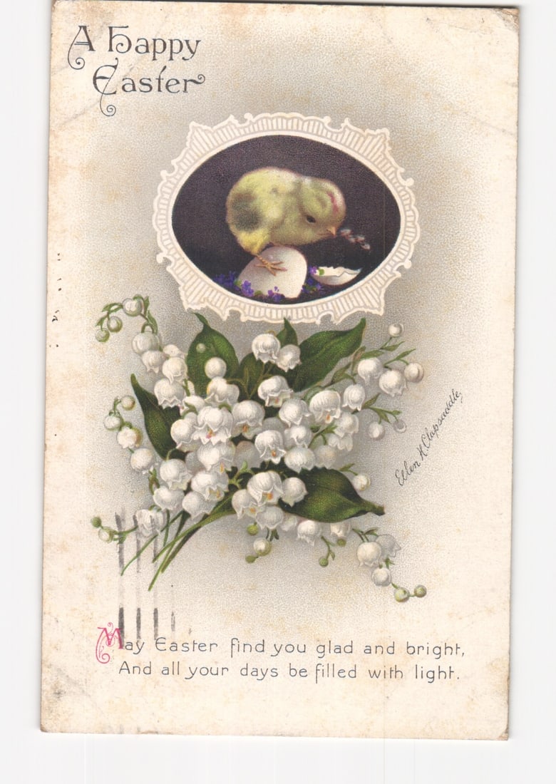 Early 20th Century Easter Greeting Postcard with Chick, Lily of the Valley, and Verse (1 of 2)