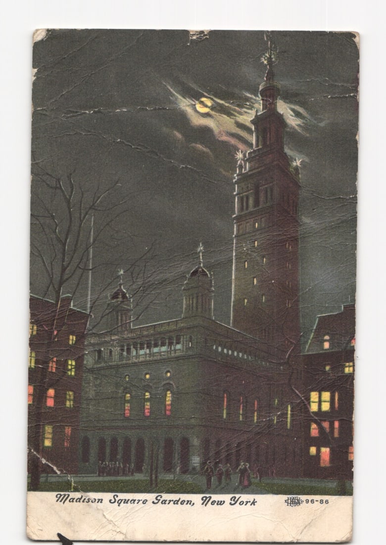 Madison Square Garden, New York City, with Illuminated Tower at Night, early 1900s postcard: Please review the photos carefully for additional condition details. Note that scans may appear slightly darker or lighter than the item's true appearance, and minor scanning artifacts may be visible.