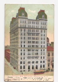 Colorized Postcard of Temple Bar Building, Brooklyn, New York, with Street Scene, 1917