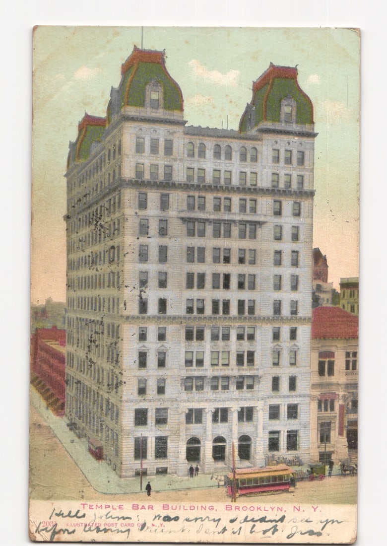 Colorized Postcard of Temple Bar Building, Brooklyn, New York, with Street Scene, 1917: Please review the photos carefully for additional condition details. Note that scans may appear slightly darker or lighter than the item's true appearance, and minor scanning artifacts may be visible.