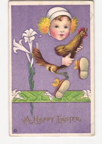 Whimsical Child, Rooster and Lilies Easter chromolithograph postcard, postmarked Orient, NY 1920