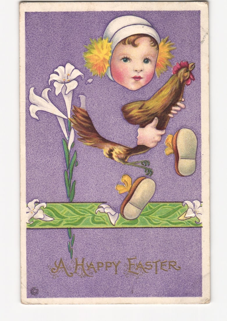Whimsical Child, Rooster and Lilies Easter chromolithograph postcard, postmarked Orient, NY 1920 (1 of 2)